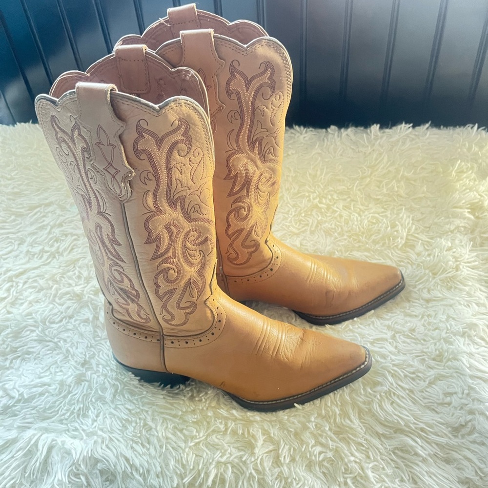 Justin Boots Tan Embroidered Heeled Boots